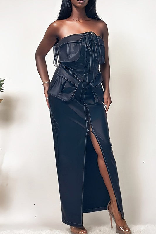 Athena Black Faux Leather Strapless Maxi Dress