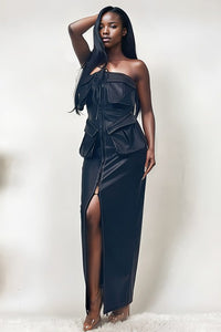 Athena Black Faux Leather Strapless Maxi Dress