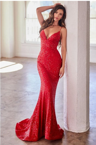 Glittered Red Sequin Lace Up Backless Mermaid Dress