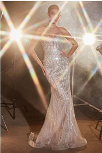 Strapless Embellished Sequin Glitter Nude Silver Mermaid Gown
