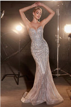 Load image into Gallery viewer, Strapless Embellished Sequin Glitter Nude Silver Mermaid Gown