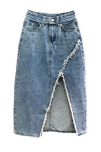 Load image into Gallery viewer, Distressed denim midi skirt