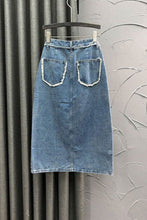 Load image into Gallery viewer, Distressed denim midi skirt