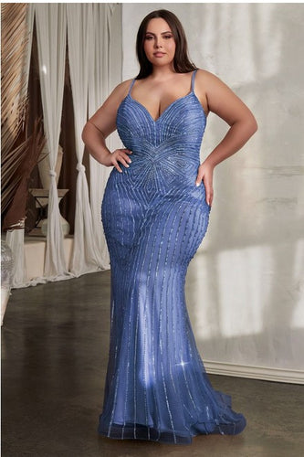 Plus Size Blue Sequin Embellished Corset Lace Up Sleeveless Gown