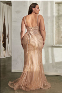 Plus Size Rose Gold Sequin Embellished Corset Lace Up Sleeveless Gown