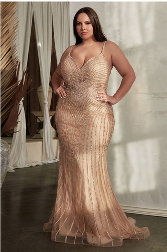 Plus Size Rose Gold Sequin Embellished Corset Lace Up Sleeveless Gown