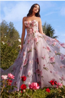 Portrait Of A Rose Strapless Floral Organza Tulle Maxi Gown