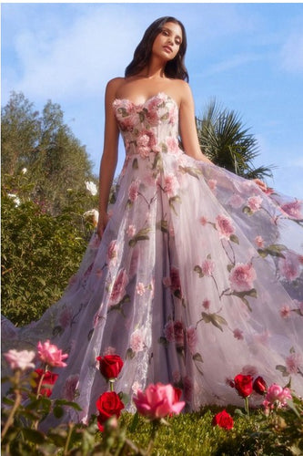 Portrait Of A Rose Strapless Floral Organza Tulle Maxi Gown