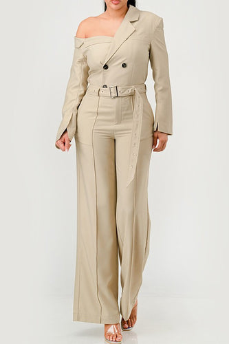 Savannah Elegance Khaki Trench Style Jumpsuit