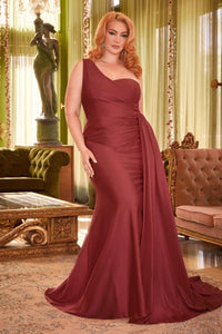 Plus Size Parisian Burgundy Red Stretch Satin One Shoulder Gown