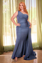 Load image into Gallery viewer, Plus Size Parisian Navy Blue Stretch Satin One Shoulder Gown