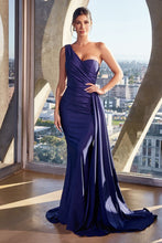 Load image into Gallery viewer, Luxe Blue One Shoulder Draped Satin Sweetheart Gown w/Sash