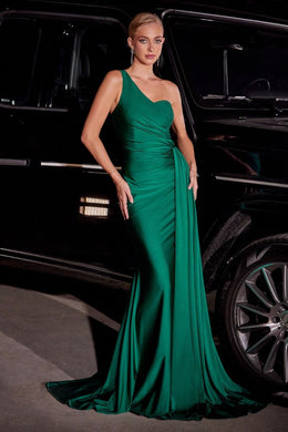 Luxe Emerald One Shoulder Draped Satin Sweetheart Gown w/Sash