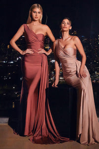 Luxe Sienna Brown One Shoulder Draped Satin Sweetheart Gown w/Sash