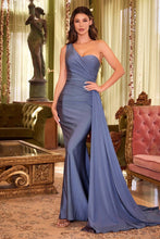 Load image into Gallery viewer, Luxe Blue One Shoulder Draped Satin Sweetheart Gown w/Sash