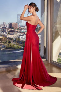 Luxe Blue One Shoulder Draped Satin Sweetheart Gown w/Sash
