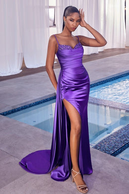 Beautiful Satin Purple Sleeveless High Slit Prom/Homecoming Gown