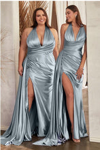 Load image into Gallery viewer, Plus Size Dusty Blue Halter Satin Backless Draped Maxi Gown