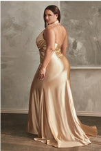 Load image into Gallery viewer, Plus Size Gold Halter Satin Backless Draped Maxi Gown