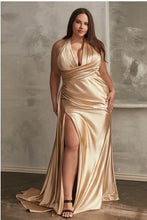 Load image into Gallery viewer, Plus Size Emerald Green Halter Satin Backless Draped Maxi Gown