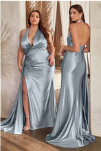 Load image into Gallery viewer, Plus Size Gold Halter Satin Backless Draped Maxi Gown