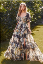 Load image into Gallery viewer, Black Floral Printed Ruffled Victorian Style Puff Sleeve Gown