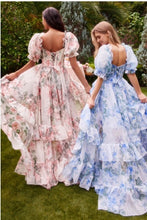 Load image into Gallery viewer, Black Floral Printed Ruffled Victorian Style Puff Sleeve Gown