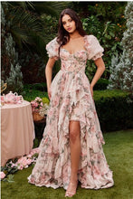 Load image into Gallery viewer, Black Floral Printed Ruffled Victorian Style Puff Sleeve Gown