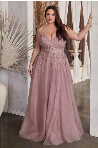 Plus Size Dusty Mauve A Line Lace Tulle Floral Maxi Gown