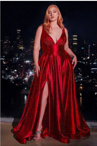 Luxurious Plus Size Red Sleeveless Glitter Satin A Line Gown