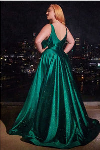 Luxurious Plus Size Emerald Green Sleeveless Glitter Satin A Line Gown