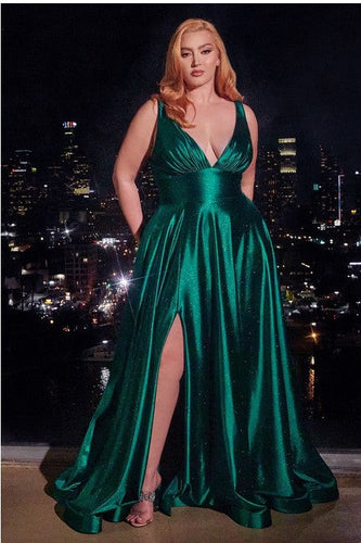 Luxurious Plus Size Emerald Green Sleeveless Glitter Satin A Line Gown