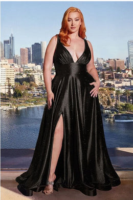 Luxurious Plus Size Black Sleeveless Glitter Satin A Line Gown