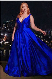 Luxurious Plus Size Royal Blue Sleeveless Glitter Satin A Line Gown
