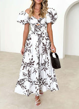 Load image into Gallery viewer, Pretty Floral Brown/White Puff Sleeve Maxi Dress