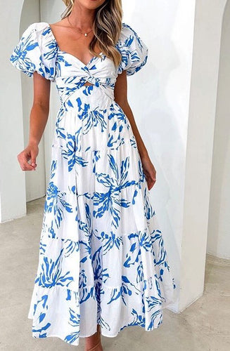 Pretty Floral Blue/White Puff Sleeve Maxi Dress