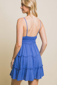 French Ruffle Blue V-Neck Mini Flared Backless Dress