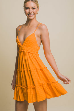French Ruffle Mandarin Orange V-Neck Mini Flared Backless Dress