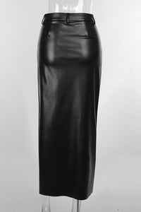 High Slit Black Faux Leather Maxi Skirt