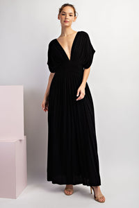 Boho Black Smoked Waist Loose Fit Maxi Dress