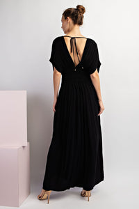 Boho Black Smoked Waist Loose Fit Maxi Dress