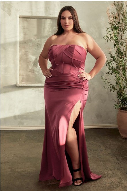 Plus Size Marsala Soft Satin Sequin Draped Maxi Gown