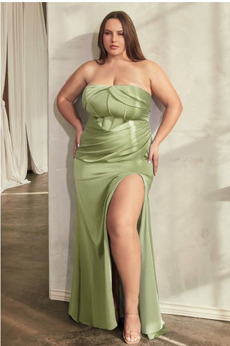 Plus Size Sage Green Soft Satin Sequin Draped Maxi Gown