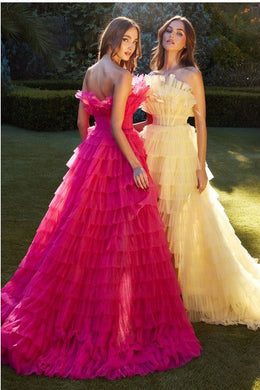 Stunning Pink High Lo Ruffled Strapless Feathered Society Tiered Gown
