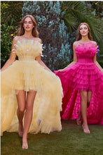 Load image into Gallery viewer, Stunning Yellow High Lo Ruffled Strapless Feathered Society Tiered Gown