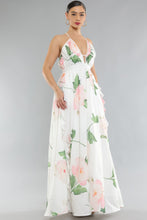 Load image into Gallery viewer, Floral White Ruffled Deep V Sleeveless Maxi Dress