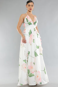 Floral White Ruffled Deep V Sleeveless Maxi Dress