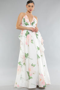 Floral White Ruffled Deep V Sleeveless Maxi Dress