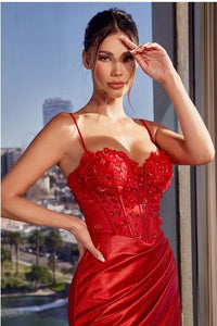 Embroidered Red Corset Lace Up Sparkle Mermaid Gown
