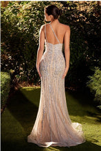 Load image into Gallery viewer, Beaded One Shoulder Glistening Silver Nude High Slit Gown